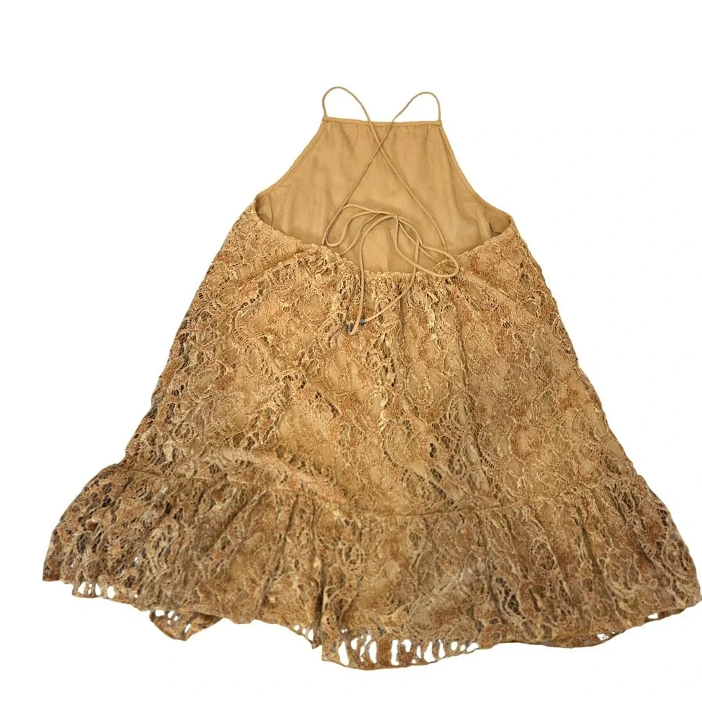 Free People Mustard Gold Lace Open Back‎ Mini Dress Ruffle Hem Womens Size XS